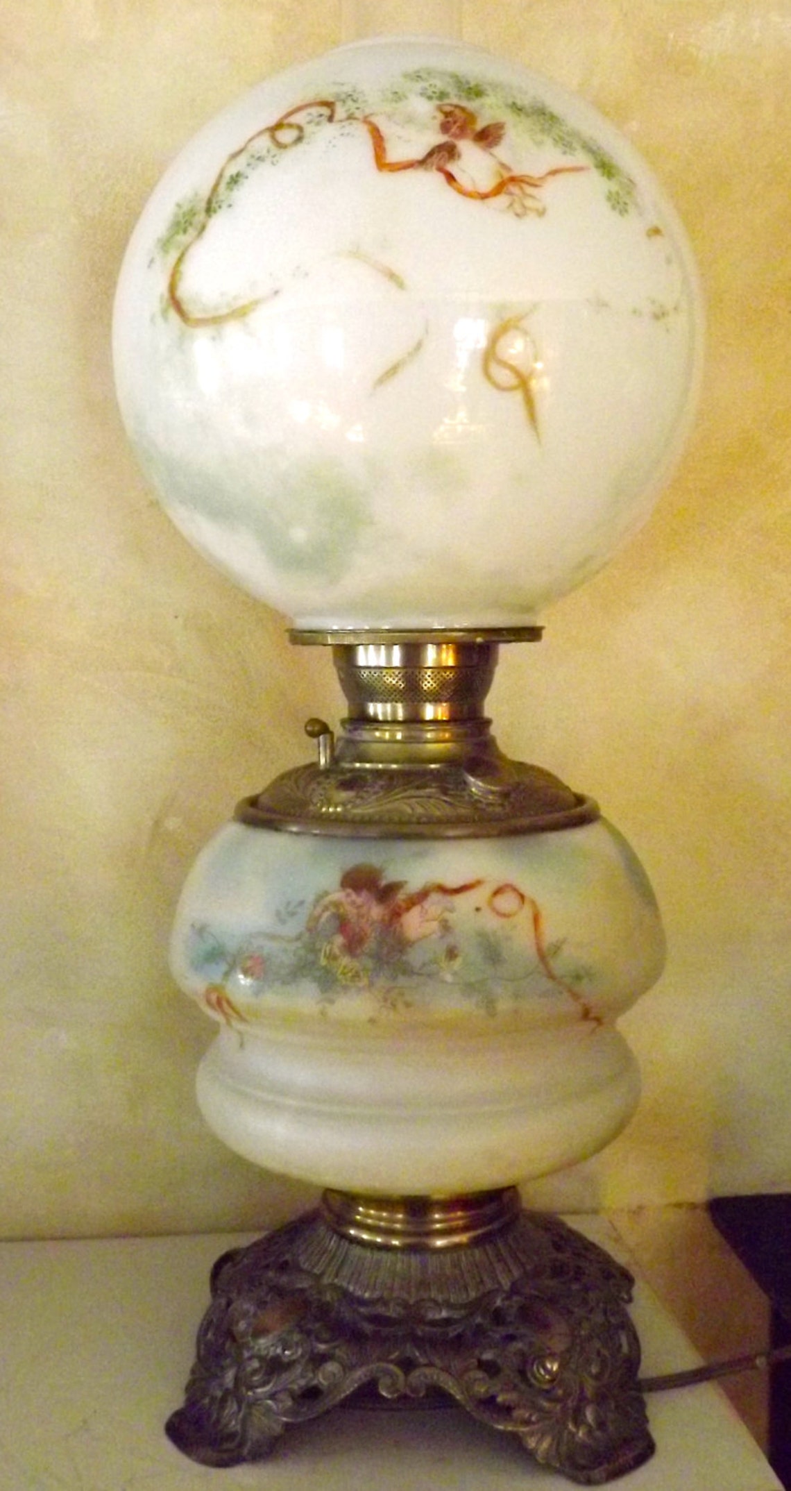 SALE Antique Electrified Oil Lamp Hand Painted Double Lighted Etsy