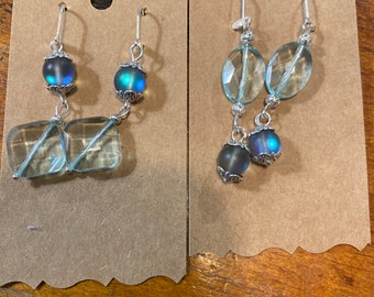 Handcrafted Aqua Faceted and Opal Blue Glass Bead Earrings with  Sterling wires