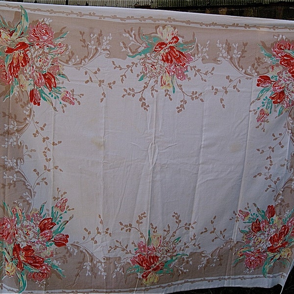 Vintage Floral Table Cloth  with Impressionistic Brush Strokes of Color