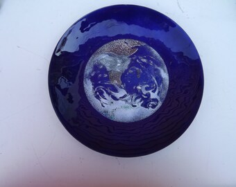 SALE  Vintage Commemorative Enamel on Copper Plate The Big Blue Marble ITT