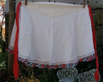 Vintage White  Apron with Tartan and Red Trim