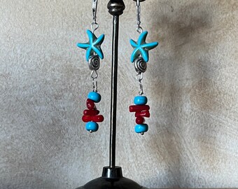 Sea Star Turquoise Red Coral Handmade Earrings SS wires Semiprecious stones