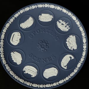 Rare Portland Blue With White Detail Wedgwood Jasperware Featuring British Sporting Scenes Plate