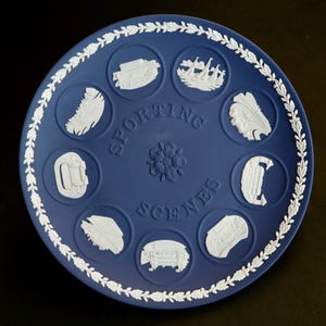 Rare Portland Blue With White Detail Wedgwood Jasperware Featuring British Sporting Scenes Plate