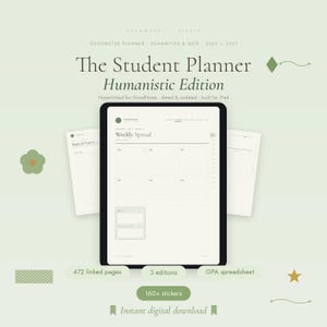Op de afbeelding: Een digitale studentenplanner voor GoodNotes op een iPad, getiteld The Student Planner Humanistic Edition 2026-2027. De interface toont een weekoverzicht met secties voor dagen, essays en projecten. Bevat 472 gelinkte pagina's, 3 edities, een GPA-spreadsheet en 160+ stickers.