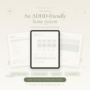May include: A digital planner titled The Reset: An ADHD-friendly home system, displayed on a tablet screen with two additional pages visible. The interface features a grid of room cards, task lists, and navigation menus in a neutral color palette.