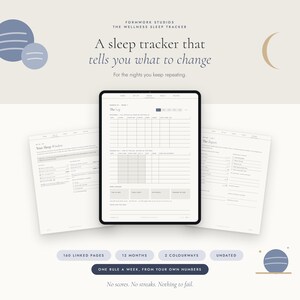 Könnte beinhalten: Ein digitaler Schlaf-Tracker-Planer auf einem Tablet-Bildschirm mit zwei weiteren sichtbaren Seiten im Hintergrund. Die Benutzeroberfläche enthält Abschnitte mit den Titeln The Log, Your Sleep Window und The Report sowie den Text Formwork Studios.