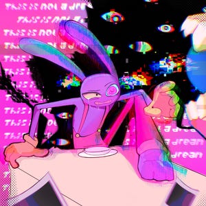 以下が含まれることがあります： 長い耳と渦巻き状の目を持つ紫色のウサギのようなキャラクターが、小さな白いボウルを置いたテーブルに座っているデジタルイラスト。背景にはグリッチエフェクト、浮遊する目、そして繰り返されるテキスト「THIS IS NOT A DREAM」が描かれています。