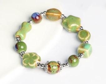 Handcrafted Beaded Ceramic Bracelet, Unique Bohemian Style Green Blue Red Jewellery, Gift for Her, Handcrafted Charm