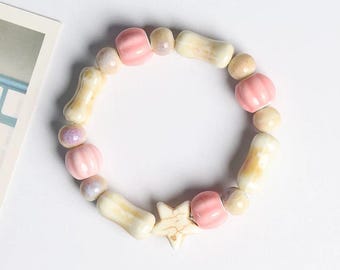 Handcrafted Pink Beaded Ceramic Bracelet, Unique Bohemian Style Jewellery, Gift for Her, Handcrafted Charm
