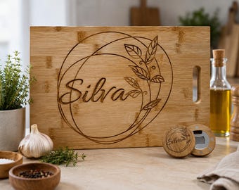 Personalized Bamboo Serving Board with Botanical Wreath | Custom Engraved Name | Personalized Charcuterie Board | Housewarming Gift