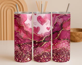 Envoltura para vaso de 20 oz con corazones rosas y purpurina, elegante San Valentín, vaso delgado, diseño de sublimación, PNG, SOLO DIGITAL (descarga digital)