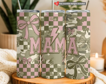 Envoltura para vaso Mama color verde oliva, vaso delgado de 20 oz con sublimación, envoltura para vaso con lazo, imagen PNG de vaso Mama, envoltura a cuadros Mama, descarga digital