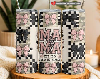 Envoltura para vaso de maternidad urbana, vaso delgado de 20 oz con sublimación, envoltura para vaso con lazo, imagen PNG de vaso de mamá, descarga digital