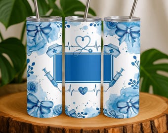 Blauw cadeau voor verpleegkundige 20 oz magere beker sublimatie ontwerp digitale download PNG Instant ALLEEN DIGITAAL, aangepast bekerontwerp