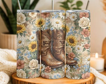 Envoltura para vaso con diseño floral de botas vaqueras, vaso delgado de 20 oz con botas vaqueras occidentales, vaso PNG, diseño de sublimación (descarga digital)