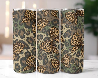 Vaso con lazo y estampado de leopardo y camuflaje PNG, vaso delgado de 20 oz (sublimación), vaso con lazo, vaso de leopardo, vaso PNG descarga digital