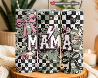 Envoltura para vaso Edgy Mama Camo Checkerboard Lightning, vaso delgado de 20 oz con sublimación, envoltura para vaso con lazo, imagen PNG de vaso Mama, descarga digital