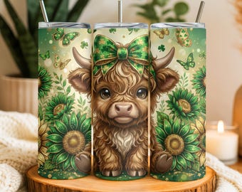 Envoltura para vaso de 20 oz con diseño de vaca de las Tierras Altas de San Patricio en oro verde, diseño de sublimación de flor de vaca de las Tierras Altas, vaca de las Tierras Altas PNG, descarga digital de vaso PNG