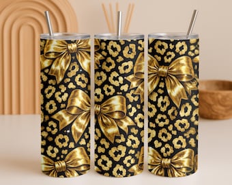 Envoltura para vaso con lazo de leopardo dorado PNG, vaso delgado de 20 oz para sublimación, envoltura para vaso con lazo, vaso con estampado de leopardo, descarga digital PNG de vaso
