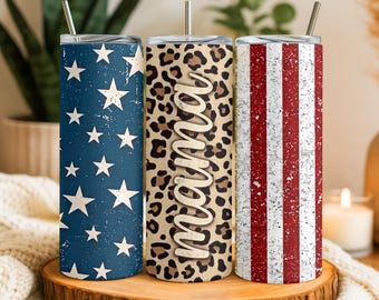 Vaso térmico Mama Leopard America, vaso térmico delgado de 20 oz con sublimación, imagen PNG de vaso Mama, imagen PNG del 4 de julio, Mama patriótica, descarga digital