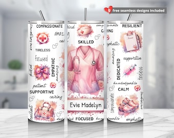 Regalo para enfermera: Vaso térmico delgado de 20 oz con diseño para sublimación. Descarga digital instantánea en formato PNG (solo digital). Diseño de vaso personalizado.