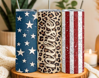 Vaso térmico Nurse Leopard America, vaso térmico delgado de 20 oz con sublimación, vaso térmico Nurse, PNG 4 de julio PNG, enfermera patriótica, descarga digital