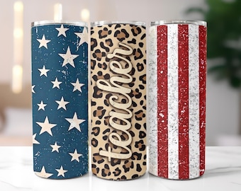 Vaso térmico con estampado de leopardo americano para profesores, vaso térmico delgado de 20 oz con sublimación, imagen PNG del 4 de julio, descarga digital para profesores patrióticos.