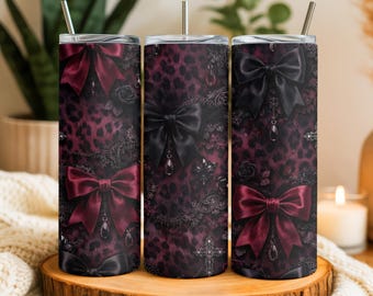 Envoltura de vaso con lazo coqueto gótico femenino oscuro PNG, vaso delgado de 20 oz sublimado, envoltura de vaso con lazo, vaso con estampado de leopardo PNG, descarga digital