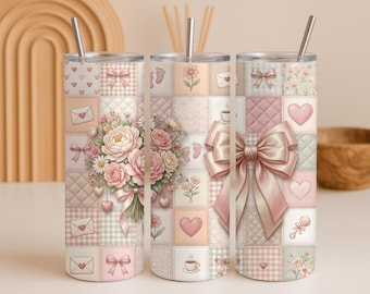 Envoltura para vaso con lazo de patchwork Coquette PNG, diseño floral vintage de San Valentín, vaso delgado de 20 oz para sublimación, descarga digital