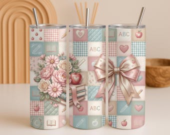 Coquette Teacher 20oz Tumbler Wrap, Pink Floral Back to School Patchwork Bow Design, Teacher Gift, Sublimation Design (Digital Download)