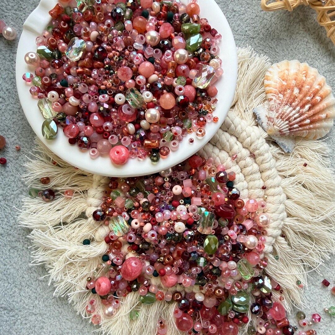 Box of SMALL Glass Bead Mix, Vintage Pink and Green, Beads for DIY ...