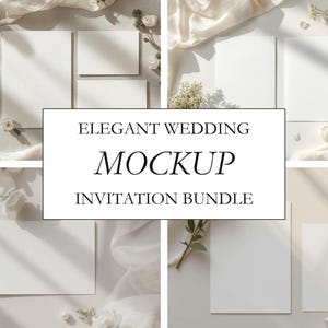 May include: An elegant wedding mockup invitation bundle. The image features several white invitation cards of different sizes, arranged with white flowers and draped fabric. The text "ELEGANT WEDDING MOCKUP INVITATION BUNDLE" is displayed in a central rectangle.