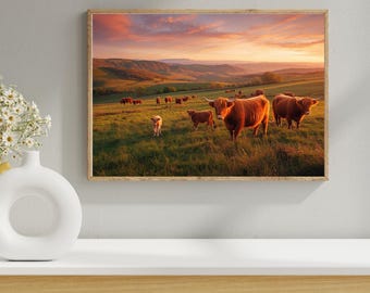 Highland Cow Sunset Field Art Print, Rustic Farmhouse Decor (Digital Download)
