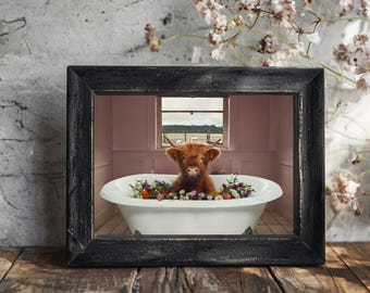 Highland Cow Flower Bath Art Print, Farmhouse Decor (Digital Download)