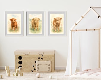 Baby Highland Cow Prints, Set of 3, Farmhouse Nursery Decor (Digital Download)