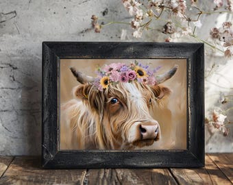 Floral Highland Cow Print, Rustic Home Decor (Digital Download)