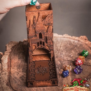 DnD Fantasy Dice Tower and Tray with Leather Mat. Foldable Dice Tower for RPGs, War Games. Medieval Castle Themed Transformable Dice Tower.