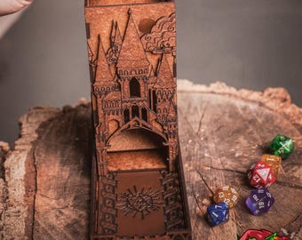 DnD Fantasy Dice Tower and Tray with Leather Mat. Foldable Dice Tower for RPGs, War Games. Medieval Castle Themed Transformable Dice Tower.