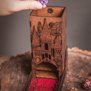 DnD Fantasy Dice Tower and Tray with Leather Mat. Foldable Dice Tower for RPGs, War Games. Medieval Castle Themed Transformable Dice Tower. Assembled