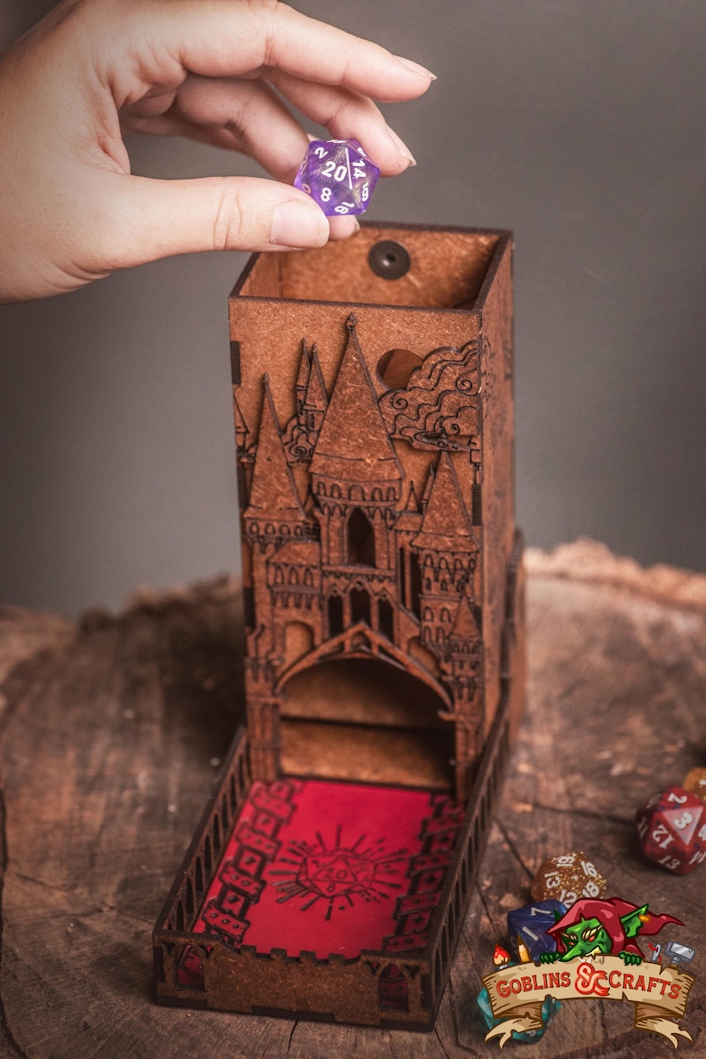 DnD Fantasy Dice Tower and Tray with Leather Mat. Foldable Dice Tower for RPGs, War Games. Medieval Castle Themed Transformable Dice Tower. Assembled