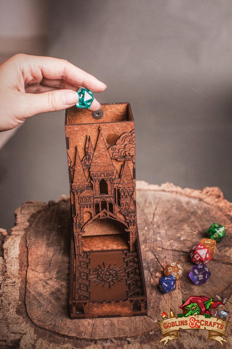 DnD Fantasy Dice Tower and Tray with Leather Mat. Foldable Dice Tower for RPGs, War Games. Medieval Castle Themed Transformable Dice Tower. image 1