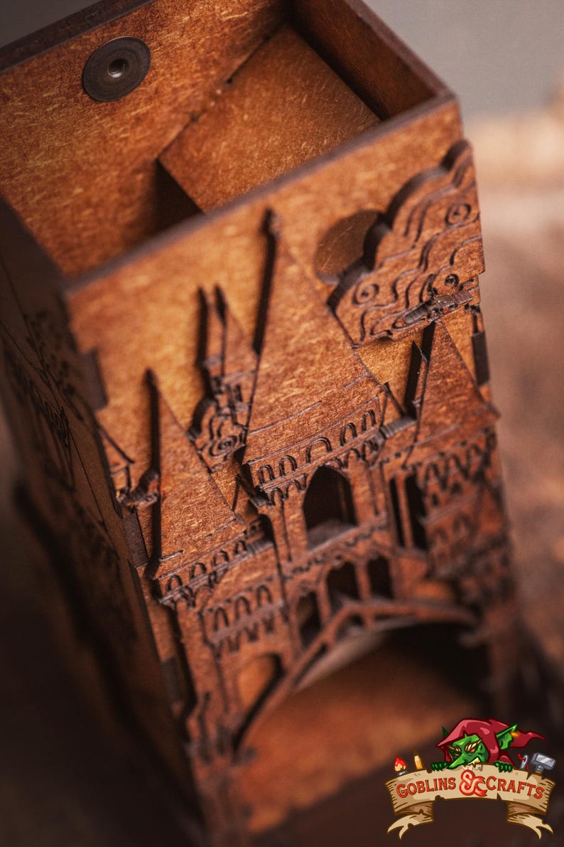 DnD Fantasy Dice Tower and Tray with Leather Mat. Foldable Dice Tower for RPGs, War Games. Medieval Castle Themed Transformable Dice Tower. image 6