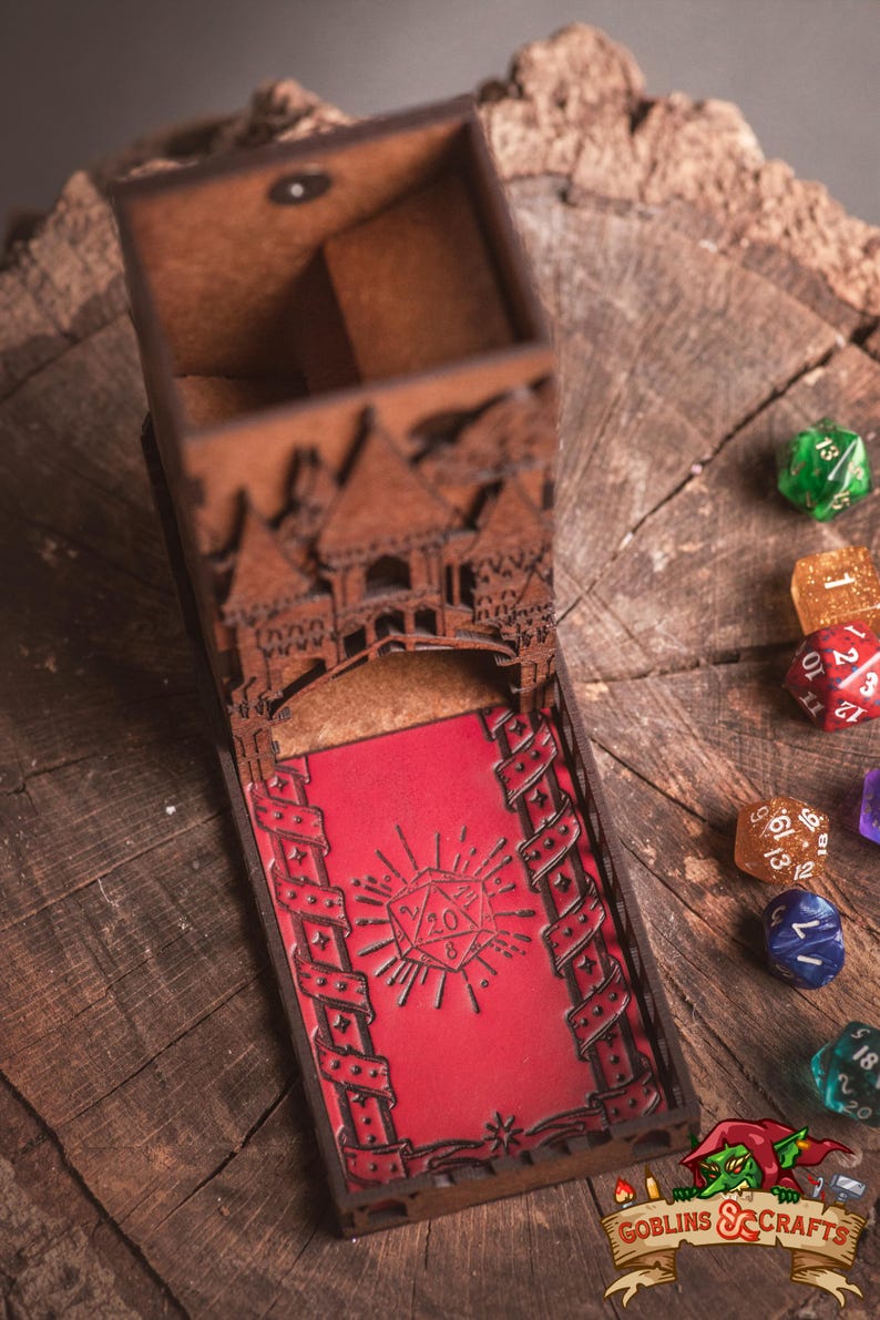 DnD Fantasy Dice Tower and Tray with Leather Mat. Foldable Dice Tower for RPGs, War Games. Medieval Castle Themed Transformable Dice Tower. image 3