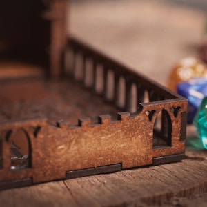DnD Fantasy Dice Tower and Tray with Leather Mat. Foldable Dice Tower for RPGs, War Games. Medieval Castle Themed Transformable Dice Tower. image 9