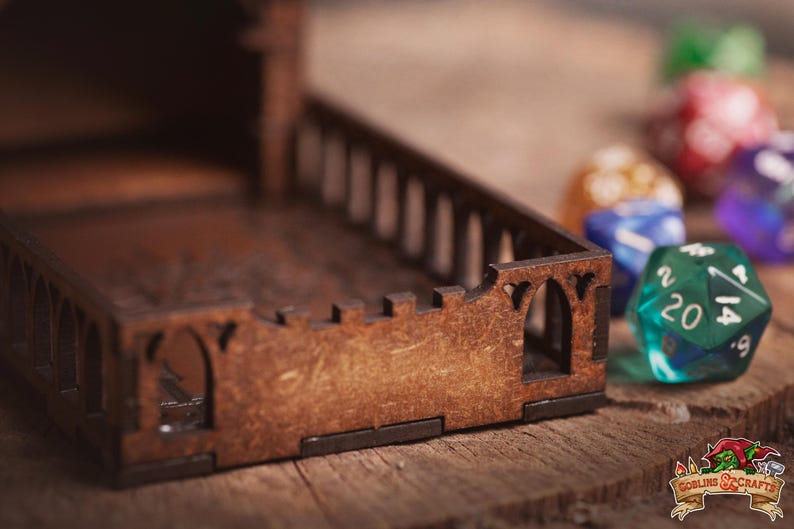 DnD Fantasy Dice Tower and Tray with Leather Mat. Foldable Dice Tower for RPGs, War Games. Medieval Castle Themed Transformable Dice Tower. image 9