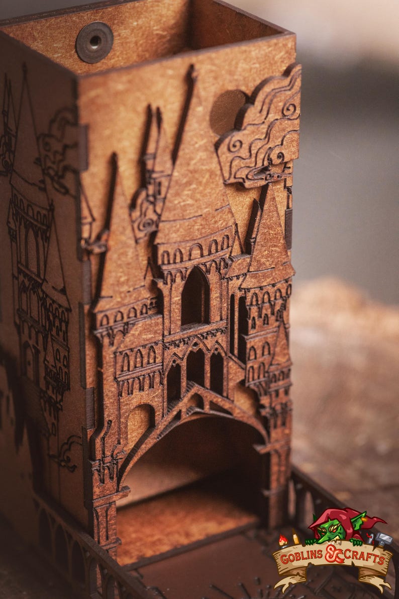 DnD Fantasy Dice Tower and Tray with Leather Mat. Foldable Dice Tower for RPGs, War Games. Medieval Castle Themed Transformable Dice Tower. image 7