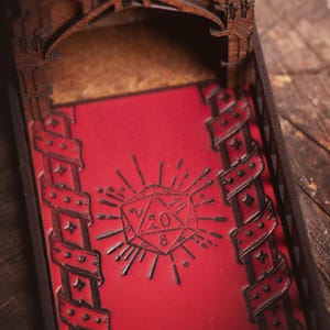 DnD Fantasy Dice Tower and Tray with Leather Mat. Foldable Dice Tower for RPGs, War Games. Medieval Castle Themed Transformable Dice Tower. image 4