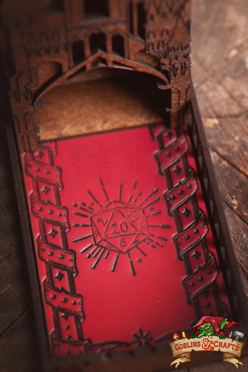 DnD Fantasy Dice Tower and Tray with Leather Mat. Foldable Dice Tower for RPGs, War Games. Medieval Castle Themed Transformable Dice Tower. image 4
