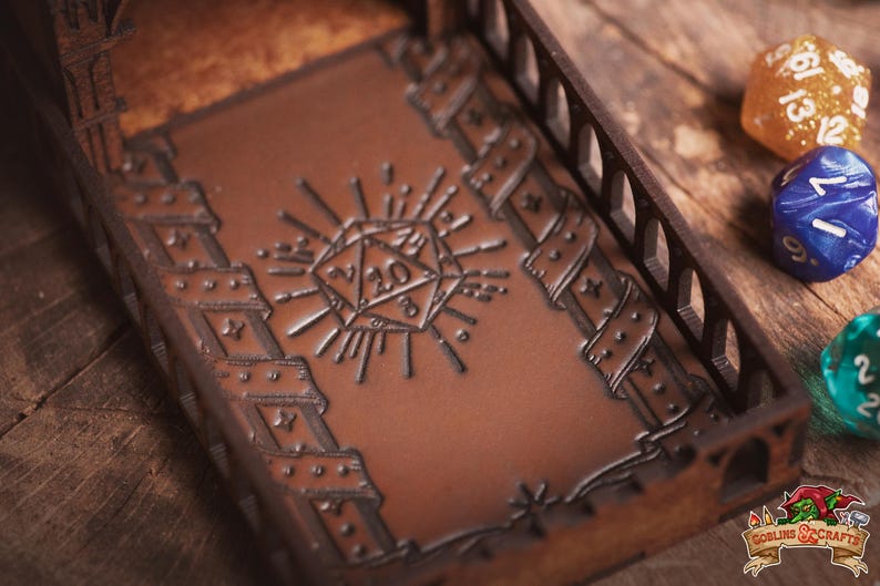 DnD Fantasy Dice Tower and Tray with Leather Mat. Foldable Dice Tower for RPGs, War Games. Medieval Castle Themed Transformable Dice Tower. image 5